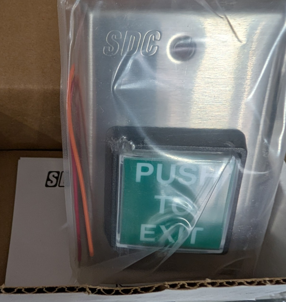 SDC 422U Exit Switch, 2" Square, Green Illuminated, "PUSH TO EXIT", Stainless
