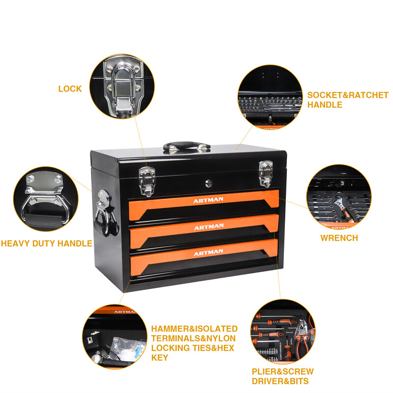 3-Drawer Tool Box with Tool Set Lockable Tool Cabinet with Handle Black & Orange