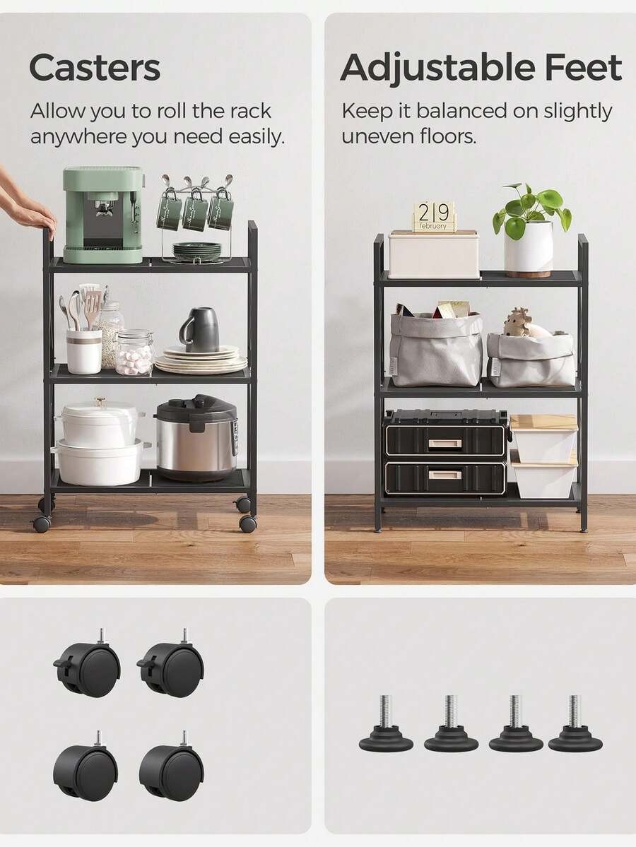 SONGMICS 3-Tier Metal Storage Rack with Wheels Mesh Shelves Industrial Style