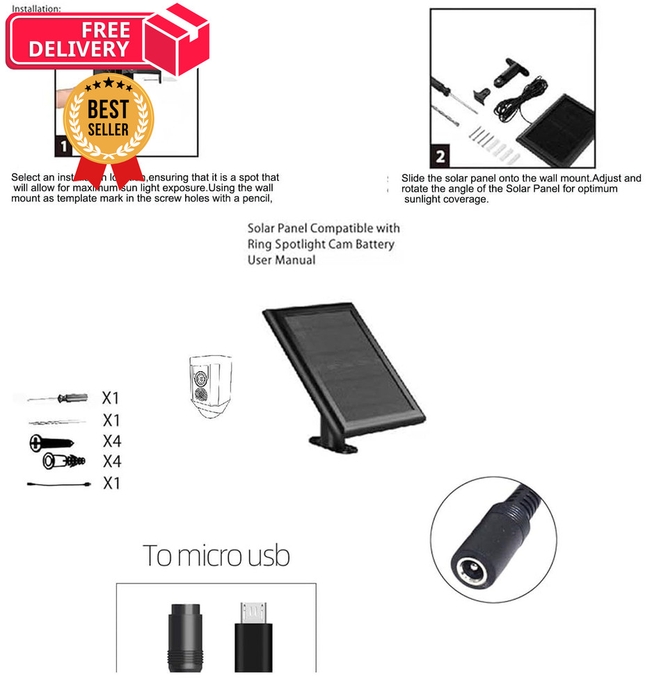 2 Pack Ring Solar Panel(2nd Generation), 5W Panel Charger with Biack