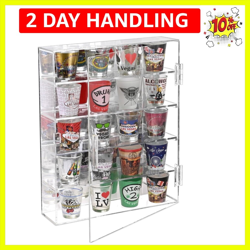 Mirror Back  Acrylic Wall Mountable Display Case with 4 Shelves for Figures a...