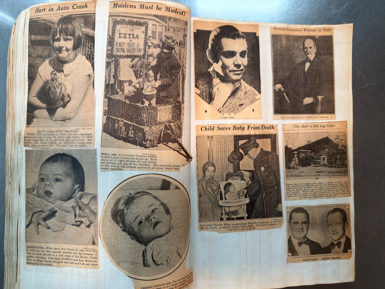 Large Newspaper Clipping Scrapbook NY/NJ 1920s-30s on 1840s Leatherbound Ledger