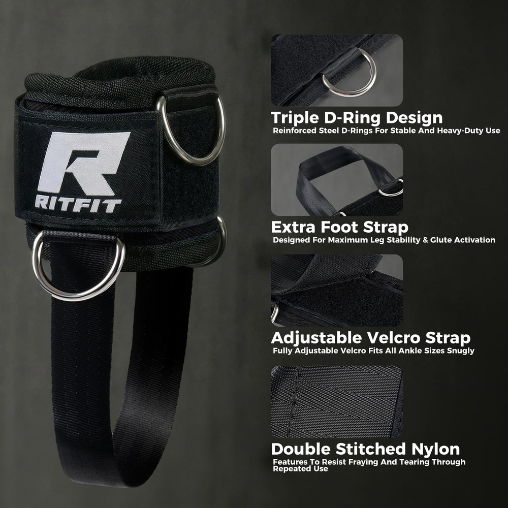 RitFit Kickback Ankle Straps Padded Strap for Cable One Size, Black