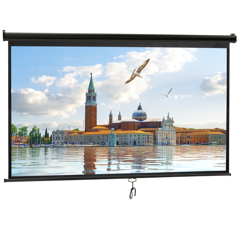100" Projector Screen Pull Down Manual 16:9 HD Ceiling Wall Mount Black Portable