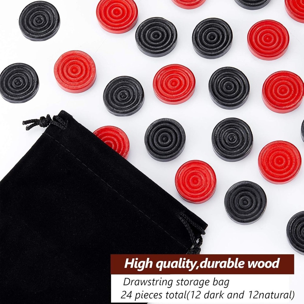 24 Pcs Wooden Checkers Pieces with Stackable in Drawstring Storage Pouch