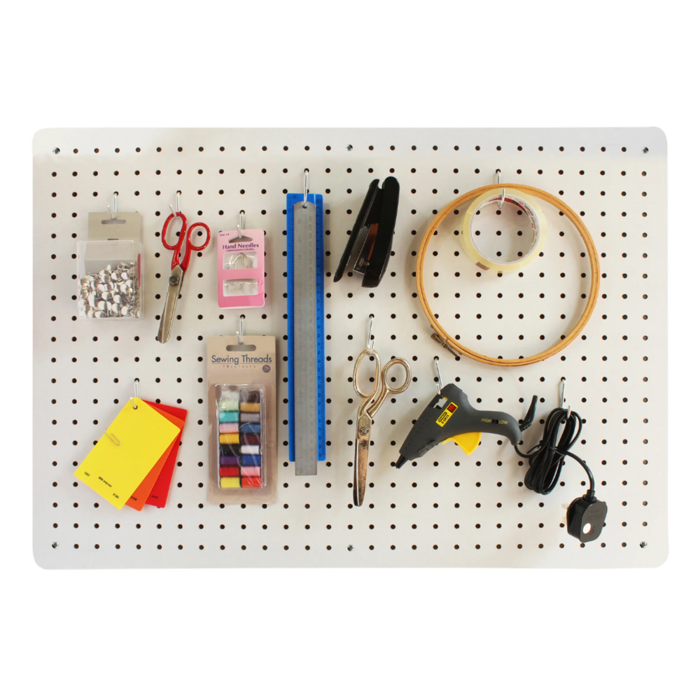 White Pegboard - 76x56cm, 12 Hooks, Wall Mountable - Kit Included