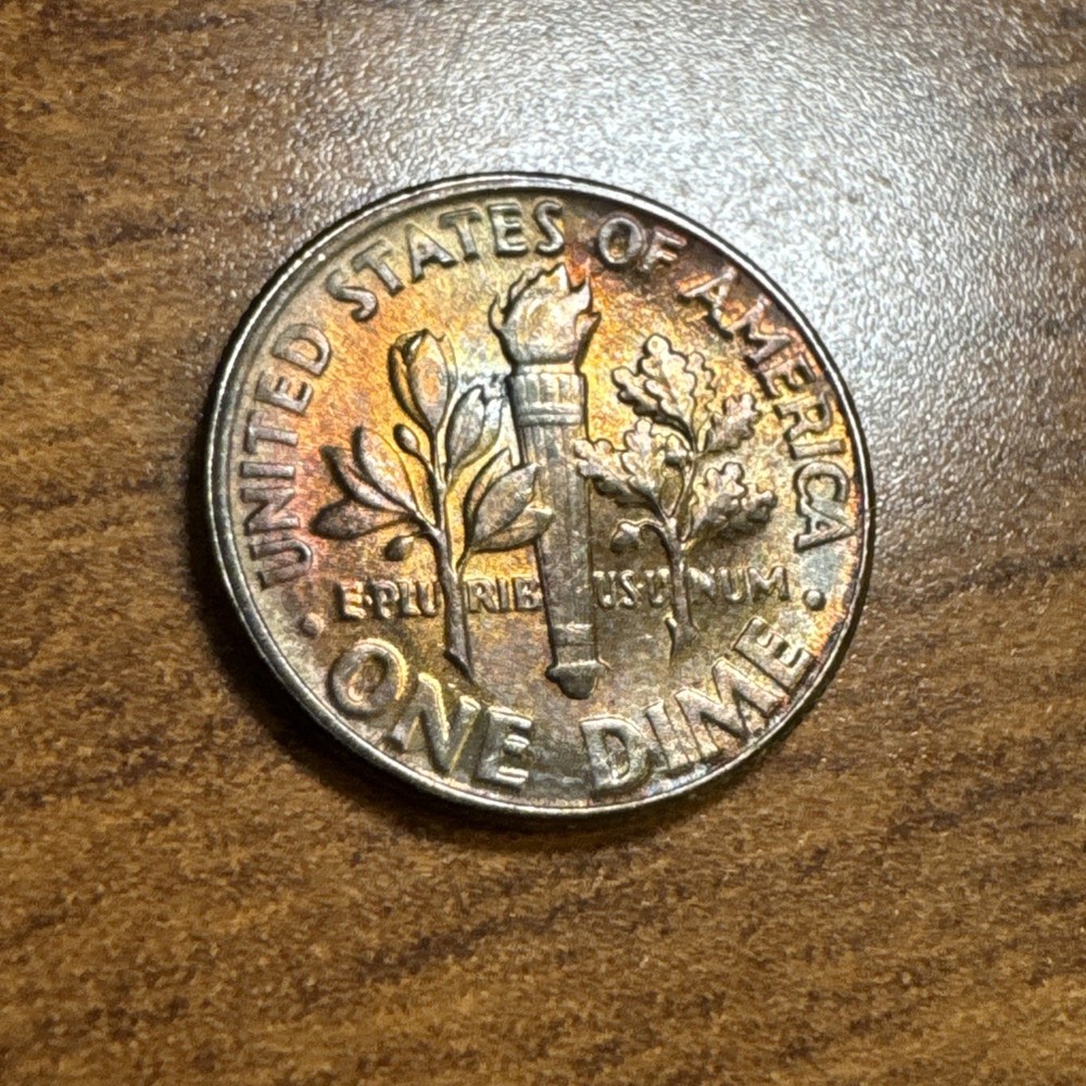 1952 Roosevelt Silver Dime Gem Uncirculated Rainbow Toning