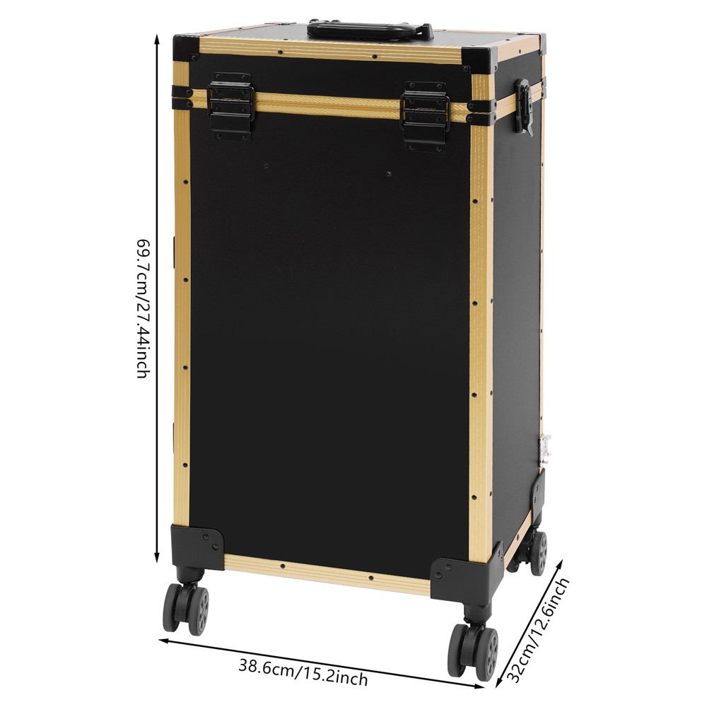 Rolling Makeup Case with Mirror Light Bluetooth Speaker Black Gold Trim Lockable