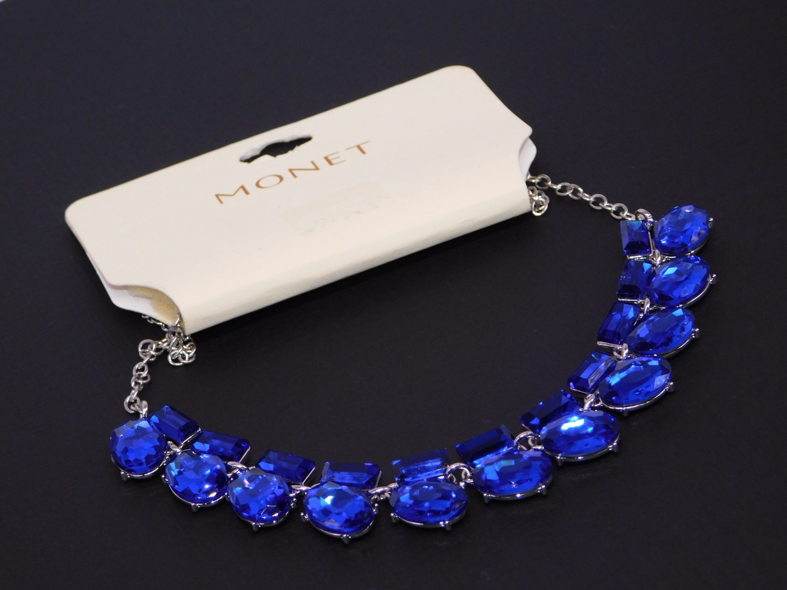 MONET Royal Blue Faceted Glass Rhinestone Statement Necklace New with Tag