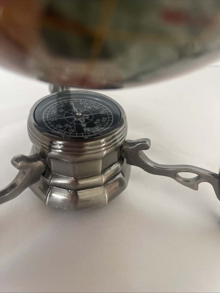 Gemstone World Globe Silver Tripod Stand Compass Manually Rotates 10” Tall