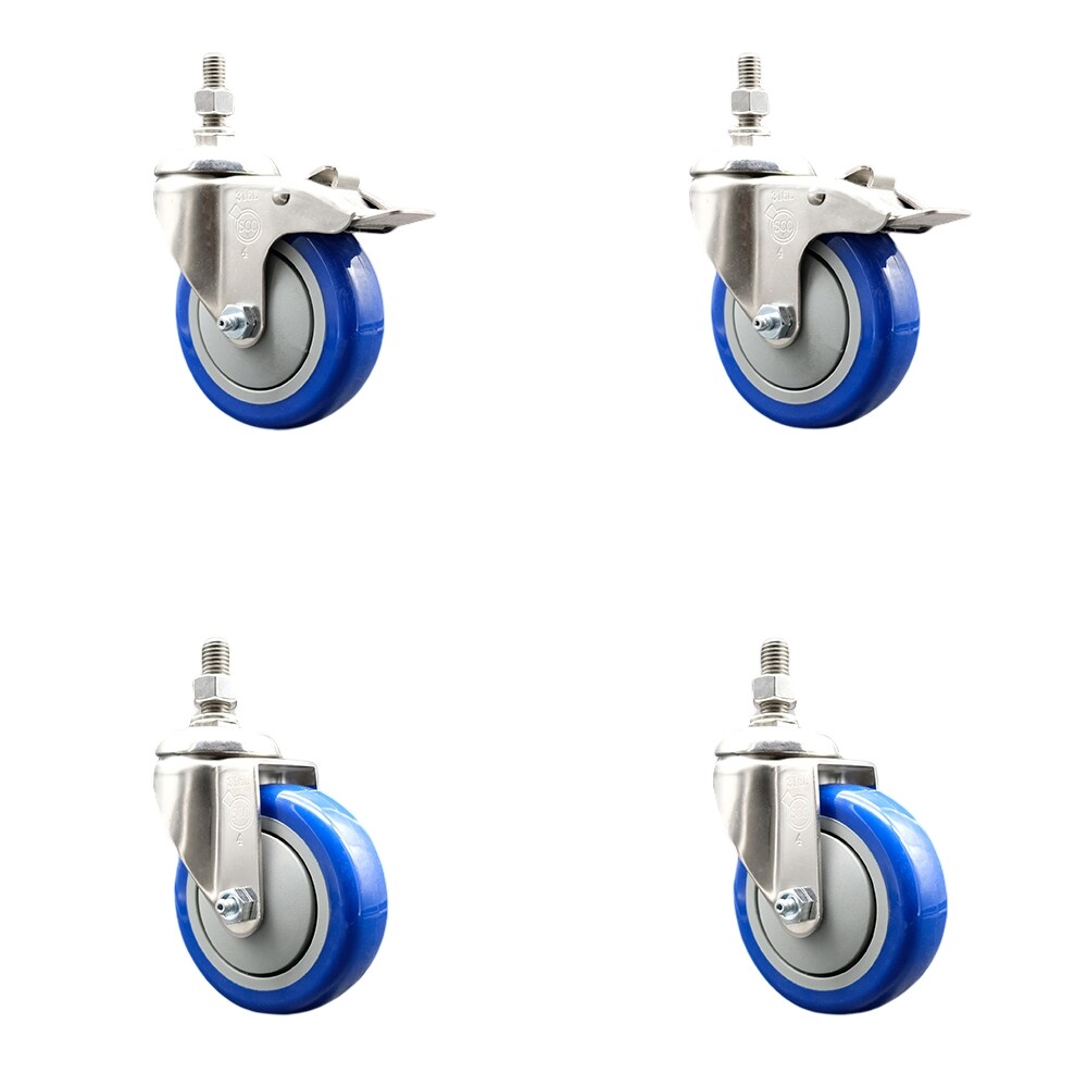 4 Inch 316SS Blue Polyurethane ½ Inch Threaded Stem Caster Set 2 Lock Brake SCC