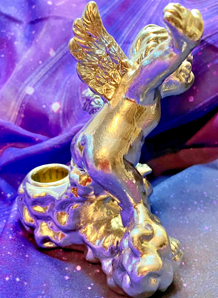 Two Silver Colored Ceramic Baby Cherub Candlestick Holders