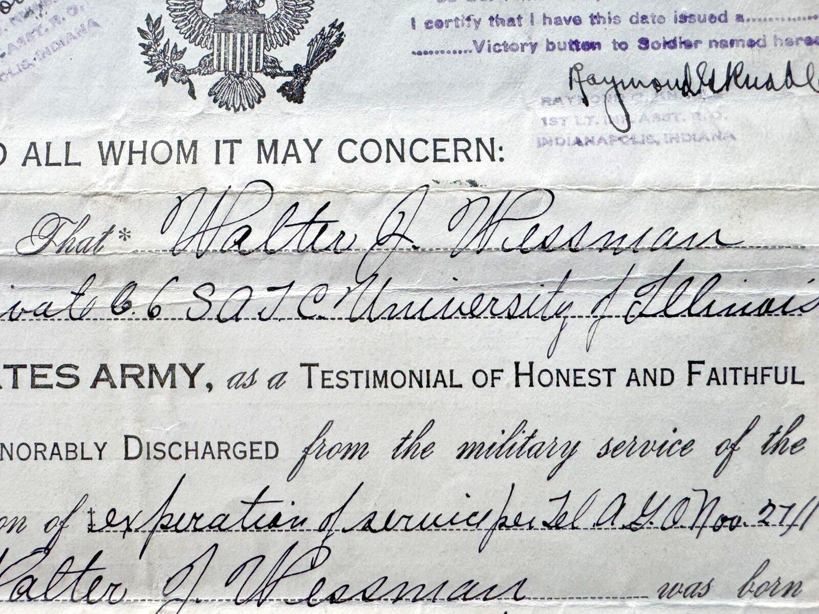 1918 WWI HONORBLE DISCHARGE PAPERS FROM THE UNITED STATES ARMY PRIVATE WESSMAN
