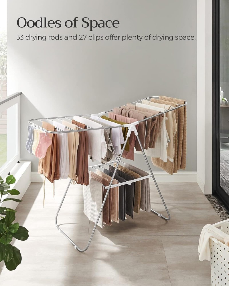 Metal Clothes Drying Rack W/Sock Clips Foldable Space-Saving Free-Standing Airer
