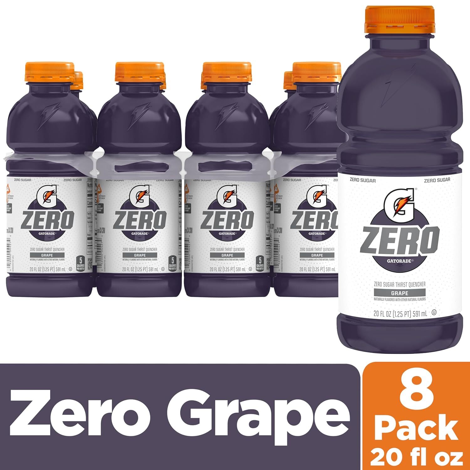 Gatorade Thirst Quencher Zero Sugar, Sports Drink, Grape 20Oz Bottles - 8 Pack
