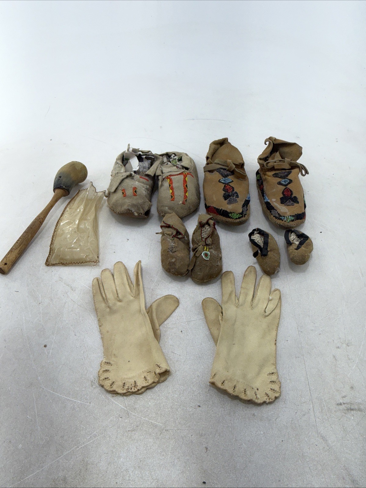 Authentic Native American Leather Beaded Moccasin Lot and Indian Rattle