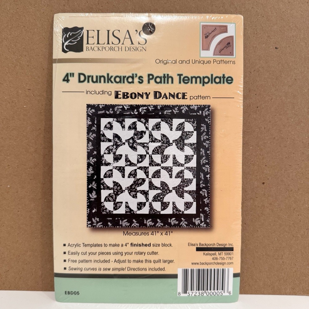 Elisa’s Backporch Design 4” Drunkard's Path Quilt Template  EBD05 NEW
