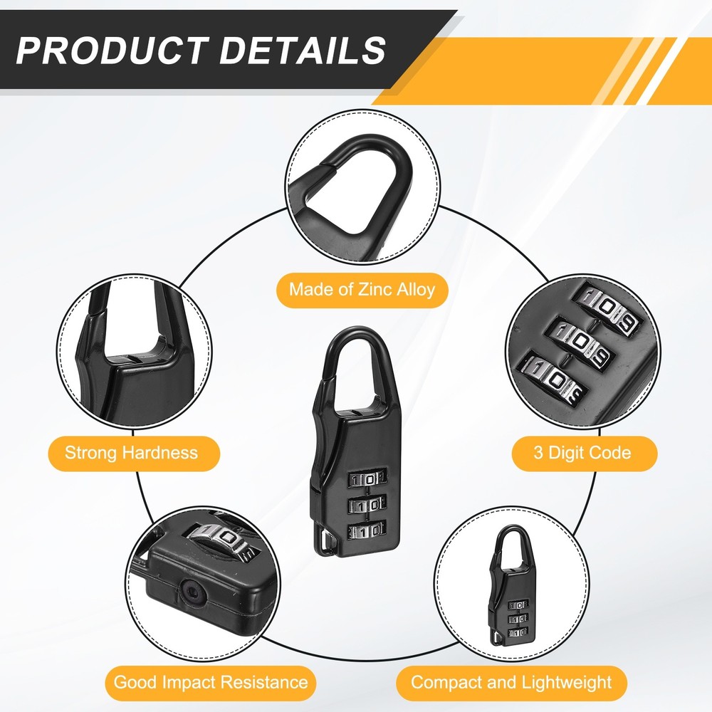 5Pcs Resettable 3 Digit Combination Lock Code Padlock, Black (55 x 21mm)
