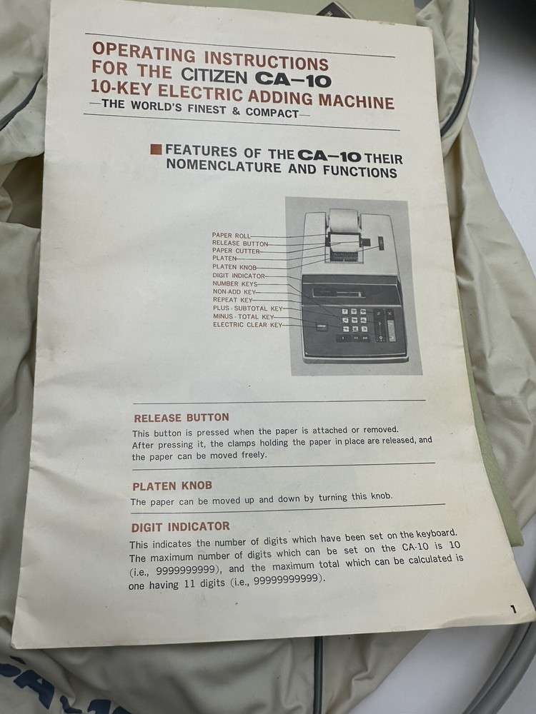 Vntg Citizen CA-10 Calculator Electric Adding Machine Tested Case Cover Manuals