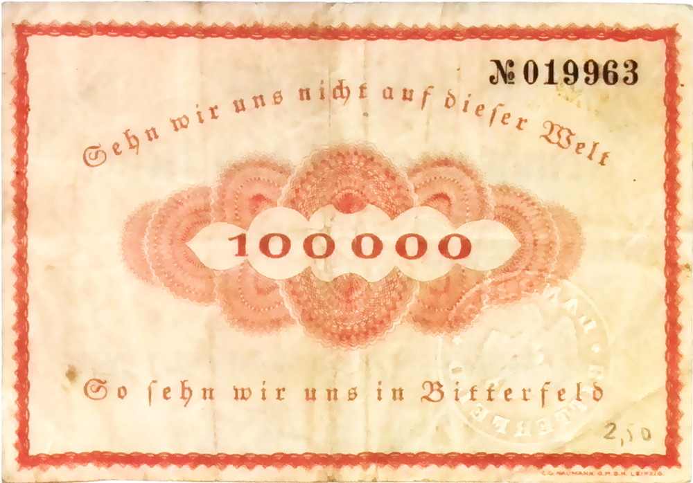 1923 Germany BITTERFELD 100.000 Mark Banknote