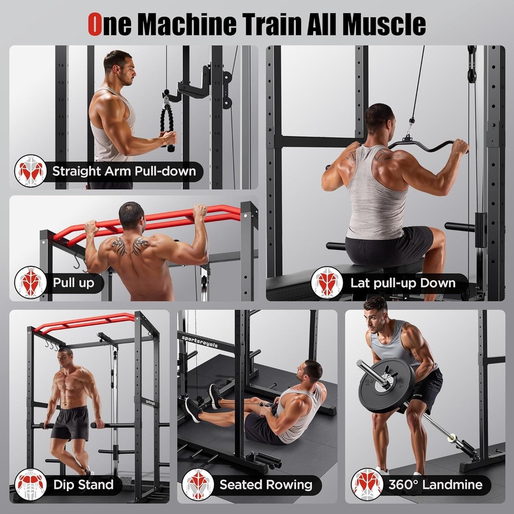 Multi-Function Squat Rack with Pulley System and Attachments for Home Gym