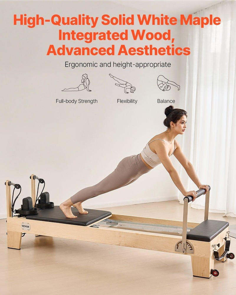 400lb Solid Maple Pilates Reformer, Spring & Cord System, Foam Shoulder Pads