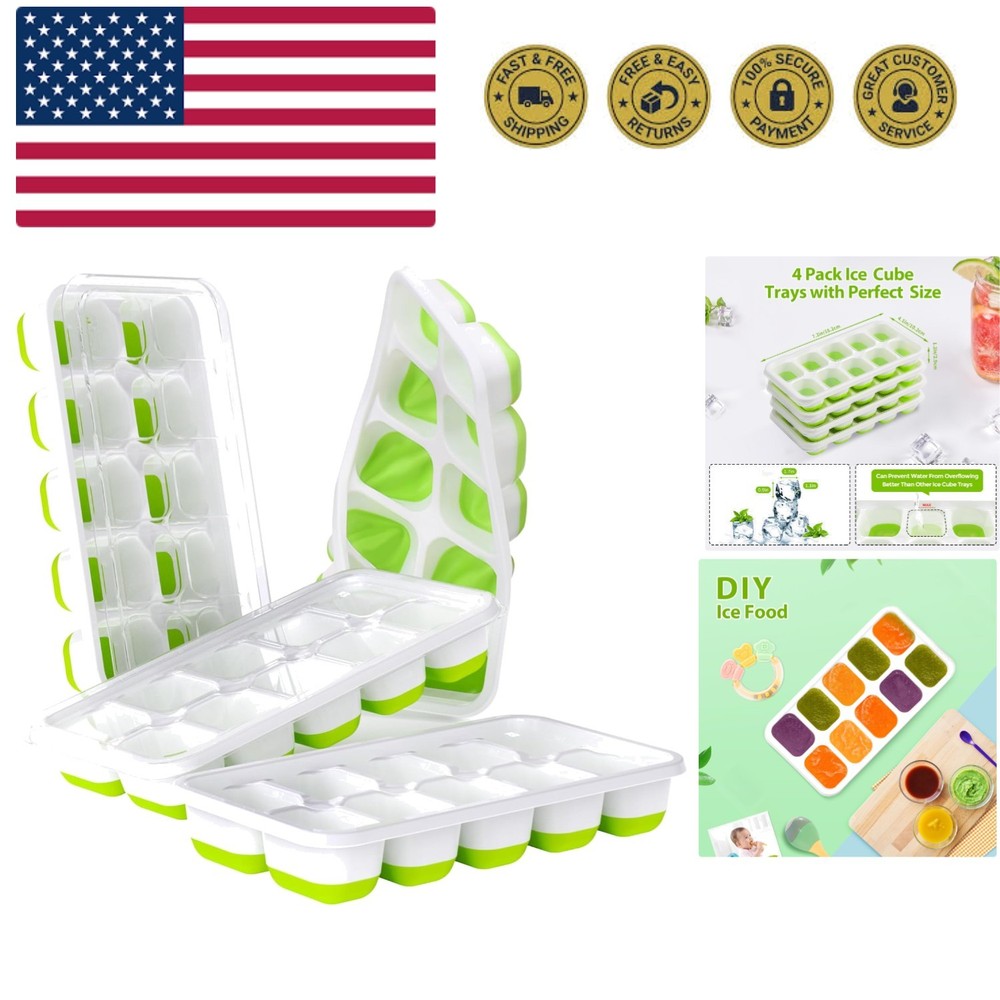 Ice Cube Tray with Lids - 4 Pack Stackable Silicone Ice Trays for Freezer, BP...