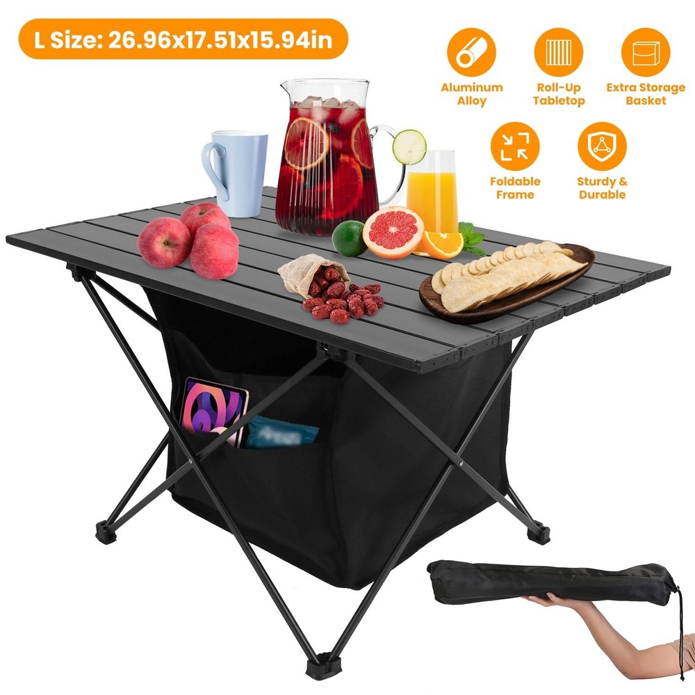 Foldable Camping Table Portable Rustproof Aluminum Alloy Roll-Up Table w/ Basket