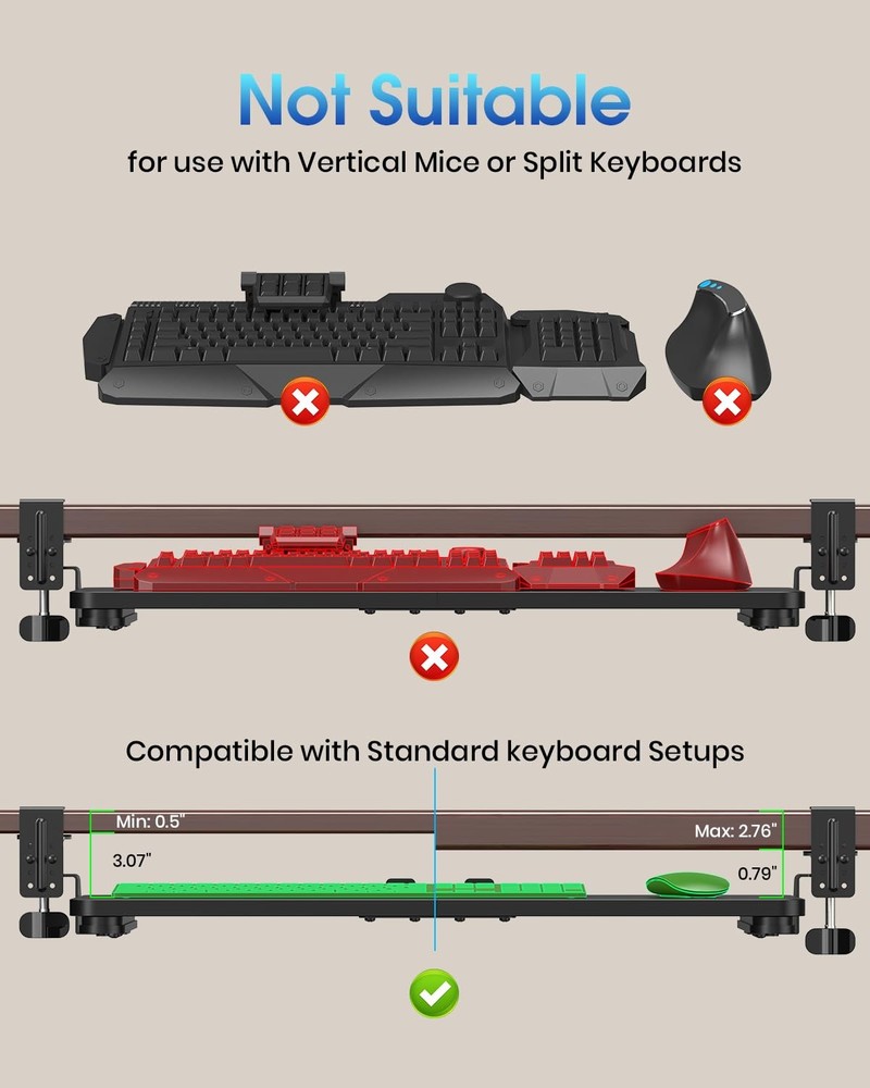 Large Keyboard Tray Under Desk, Pull Out Keyboard & Mouse Tray with Adjustabl...