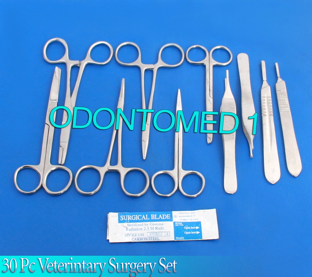 30 PC VETERINARY SURGERY SURGICAL INSTRUMENTS FORCEPS SCISSORS SURGICAL BLADES