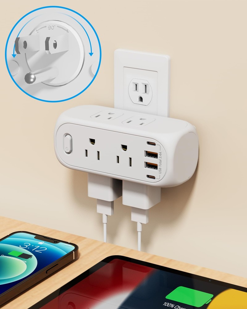 USB Outlet Extender Surge Protector 6 AC Multi Plug 4 USB 15A 1875W Splitter