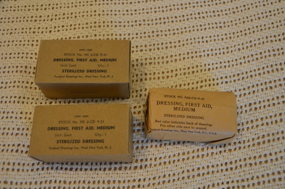 WWII U.S. ARMY STOCK NO. NS2-CD-V-31 MEDIUM FIRST AID DRESSING, STILL SEALED (3)