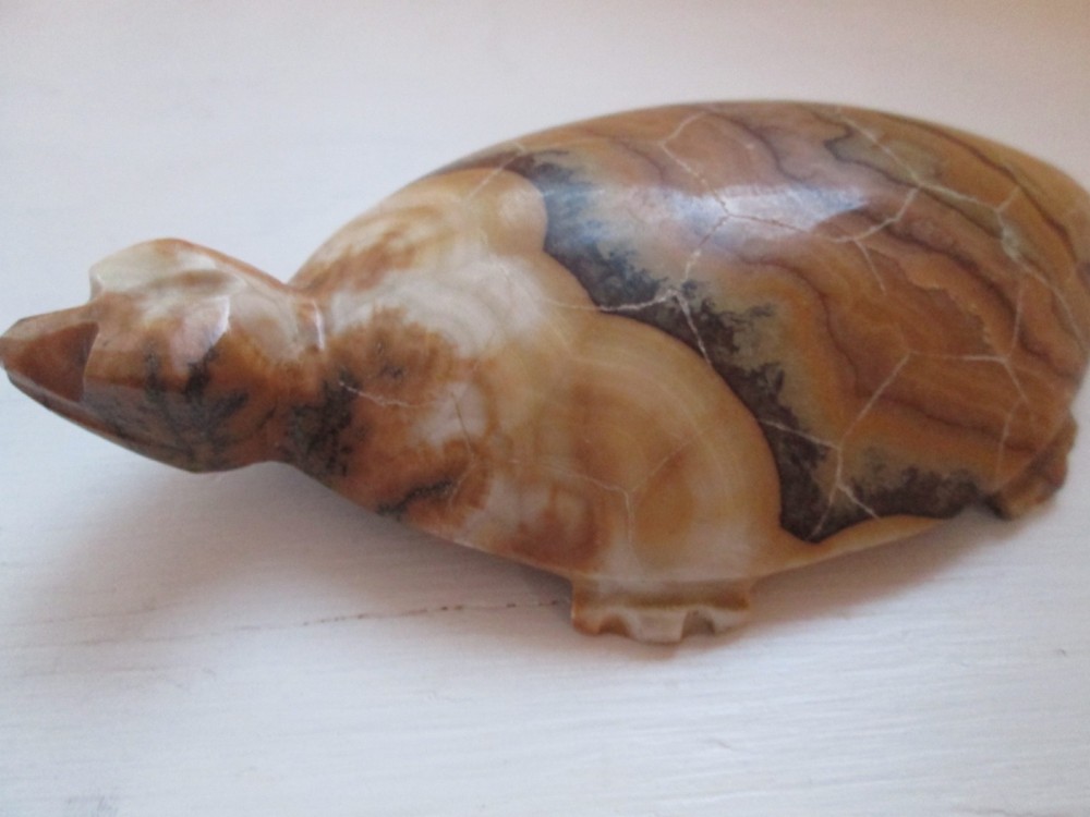 Solid Stone Turtle Figurine Hand Carved 6" Long
