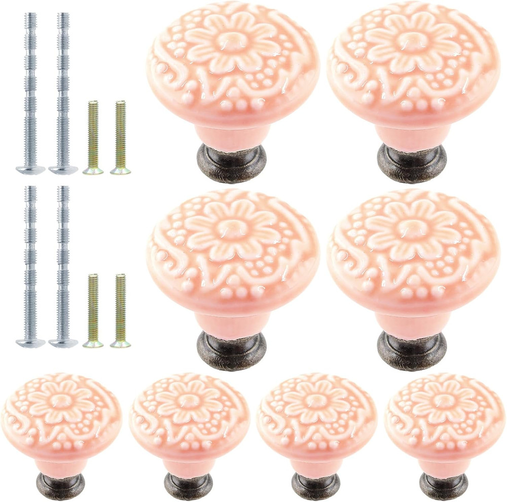 8pcs Pink Vintage Ceramic Kitchen Cabinet Knobs & Pulls - Retro Drawer Handles f