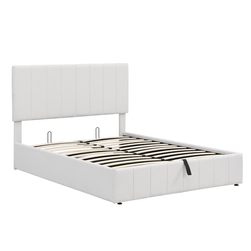 Full Size Upholstered Platform Bed Frame with Hydraulic Storage System White New