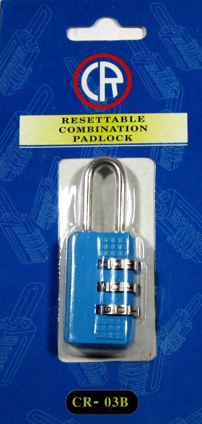 3 DIGIT COMBINATION TRAVEL PADLOCK ,RESETTABLE ,BLUE