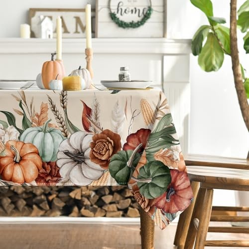 Fall Tablecloth 60×84 Inch Rectangular, Flower 60" x 84" (Rectangular) Beige