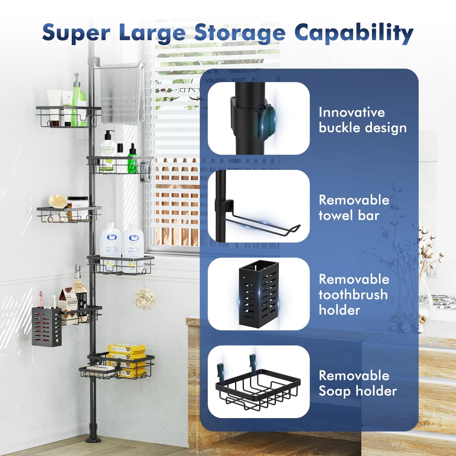 7-Tier Shower Caddy Organizer Tension Pole, Rustproof Corner Shelf for Bathroom