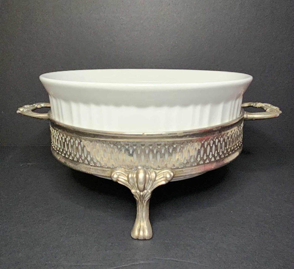 Vintage Silverplated Round Footed Casserole Dish Holder With Corning Ware Dish