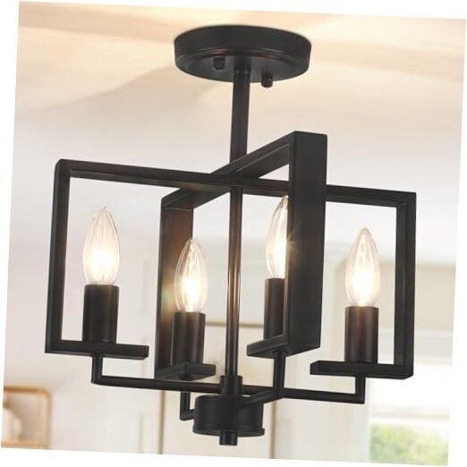 4-Light Semi Flush Ceiling Light, Modern Industrial Light 4 Light Black