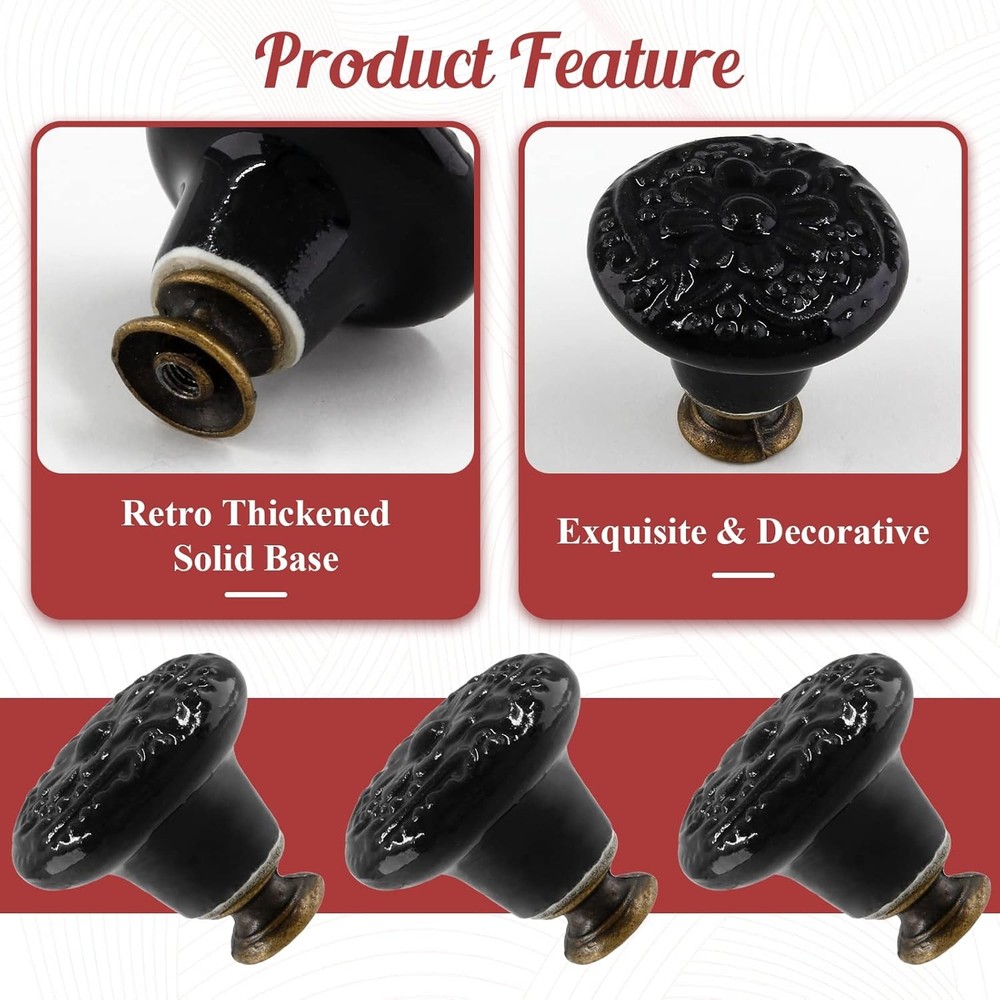 4pcs Black Ceramic Knobs, Vintage & Retro Dresser & Cabinet Knobs, Decorative Dr
