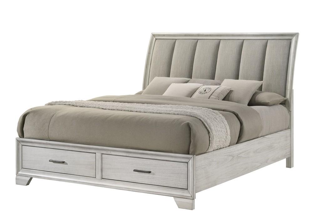 5Pc Queen Size Platform Storage Platform Bed Set White Cream Finish Solid Wood
