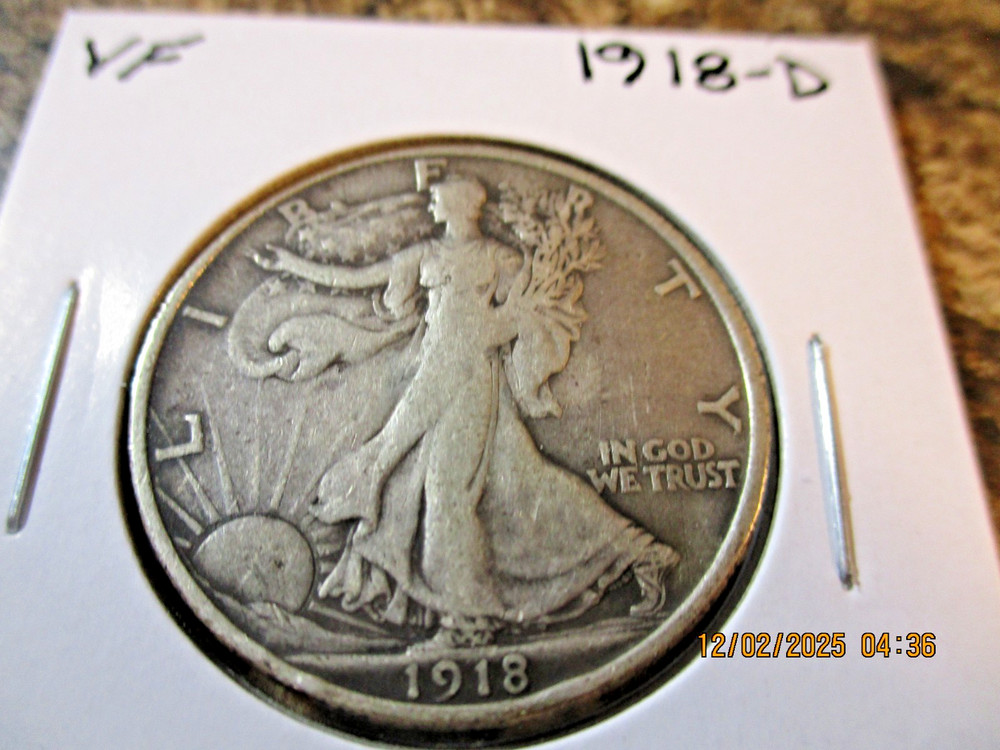 1918-D WALKING LIBERTY SILVER HALF DOLLAR VF    TT