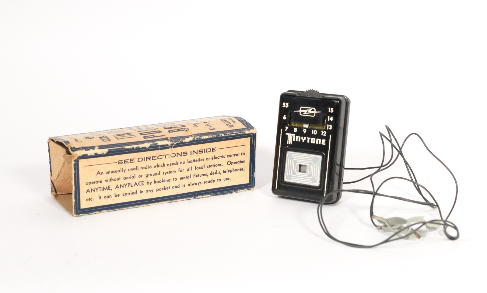 Vintage TinyTone Pocket Crystal Radio In Box w/LOTS of Original Paper * Works