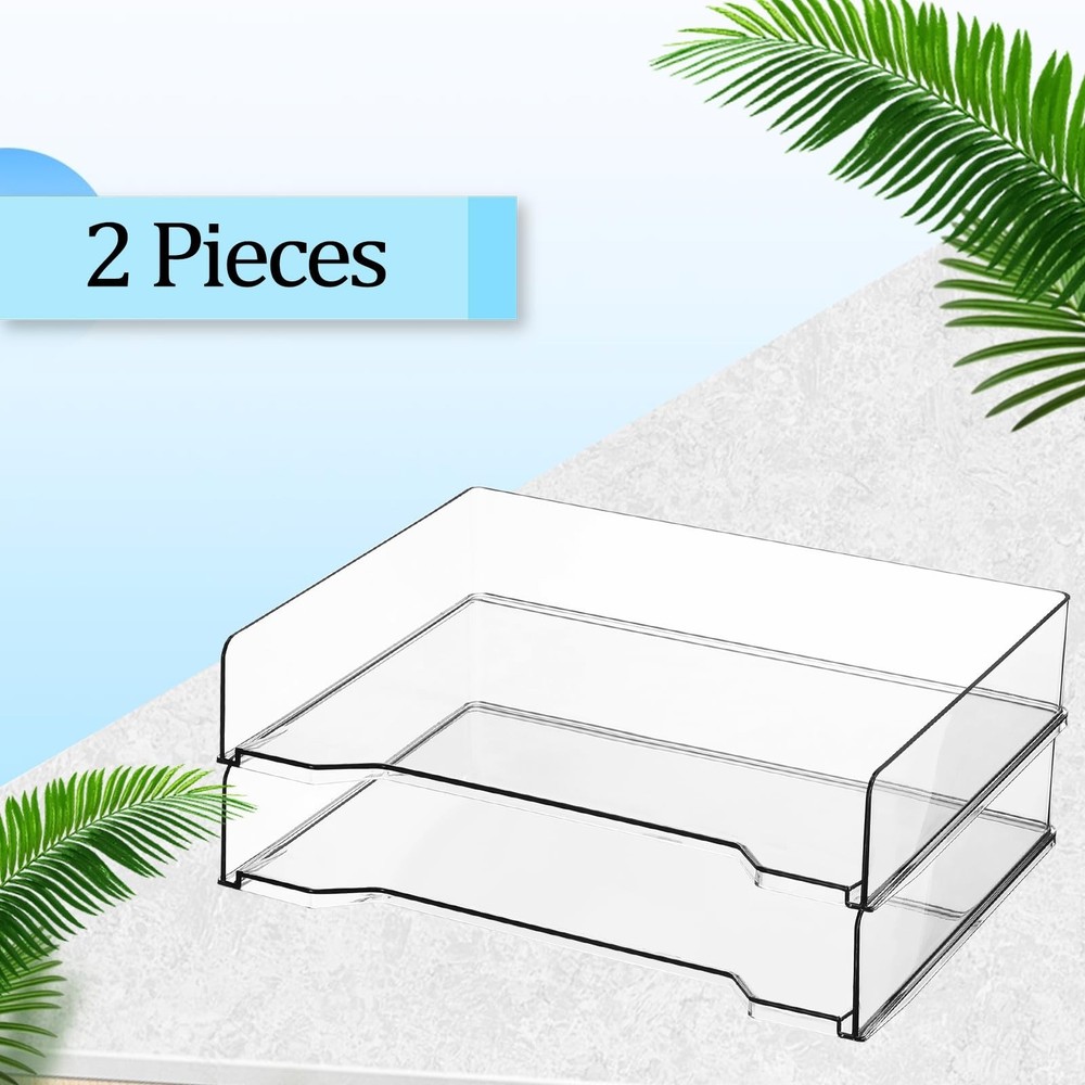 2 Pcs Stackable Letter Tray Rectangular Plastic Desk Organizer 13 x 9.5 x 2.6...