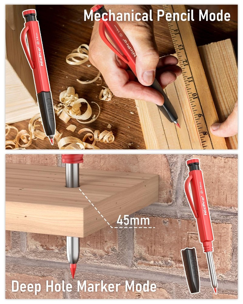 Nicpro 2 Pack Carpenter Pencil Set with Sharpener & Finger 2 PACK, Black, Red