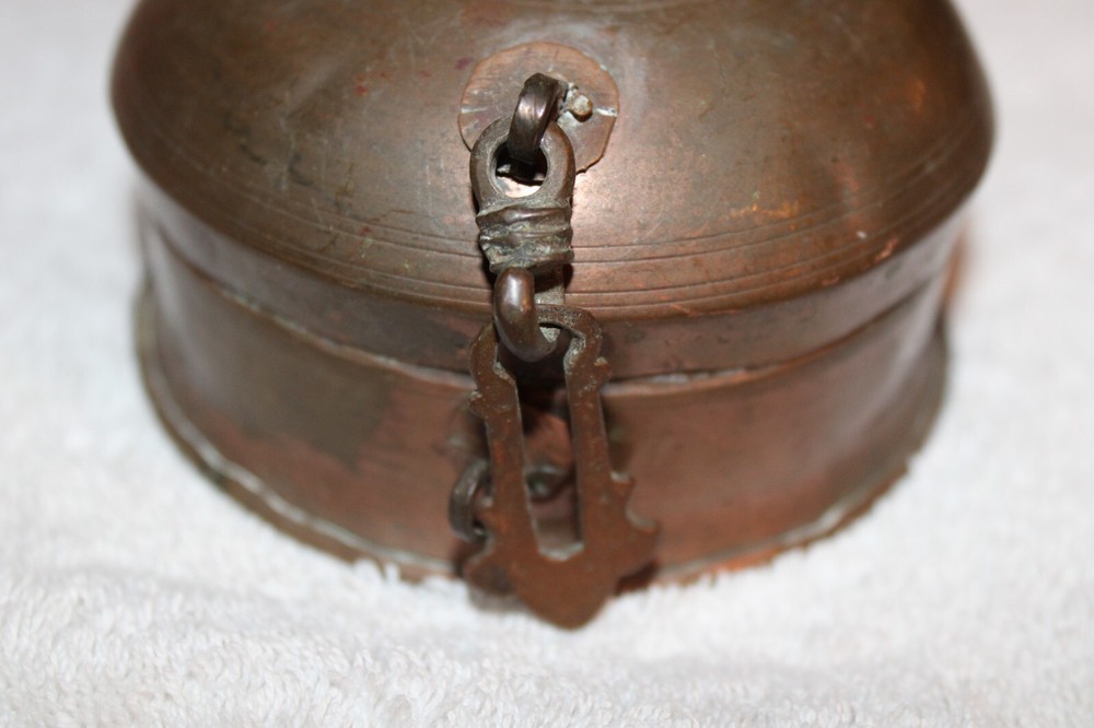 Antique Islamic Valuables Copper Chained Lidded Box