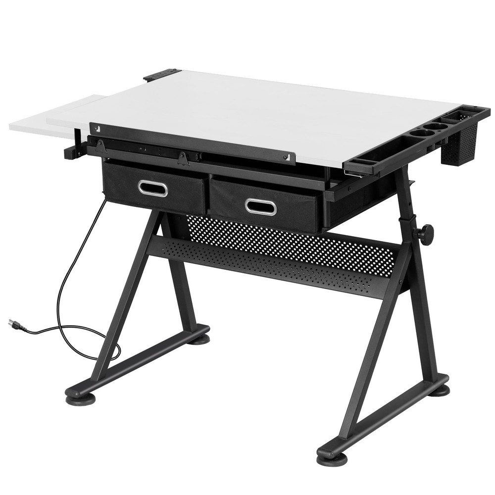 Adjustable Drafting Table & Stool Set Artist Desk with Charging Station White
