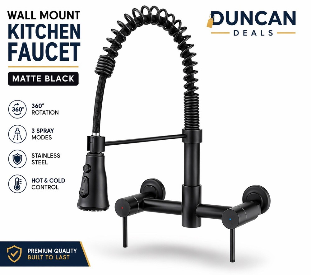 Wall Mount Kitchen Faucet Matte Black Commercial Pull Down Sprayer 8” NEW