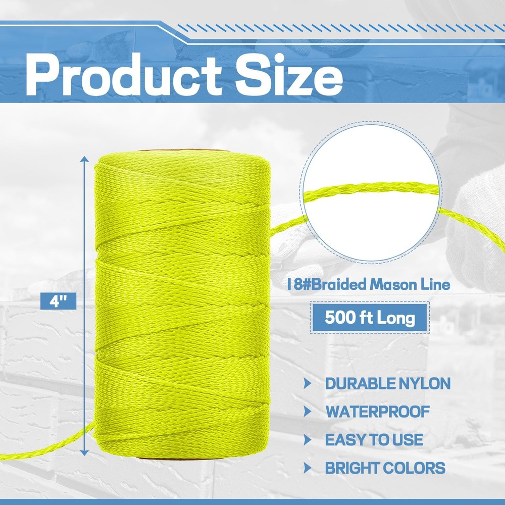 4 Roll Mason String Line #18, 500 ft Nylon Braided Construction String Line, ...